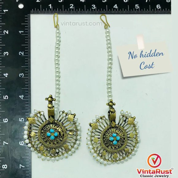 Tribal Jewelry Set With Pearls And Golden Big Motif, Turquoise Beaded Necklace - Picture 4 of 10